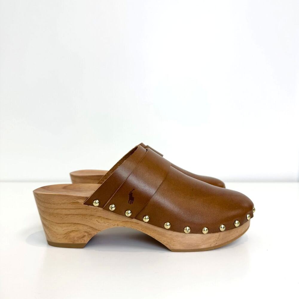 Polo by Ralph Lauren Brown Leather Wooden Gold Stud Clogs 6.5 NEW Spain Shoes